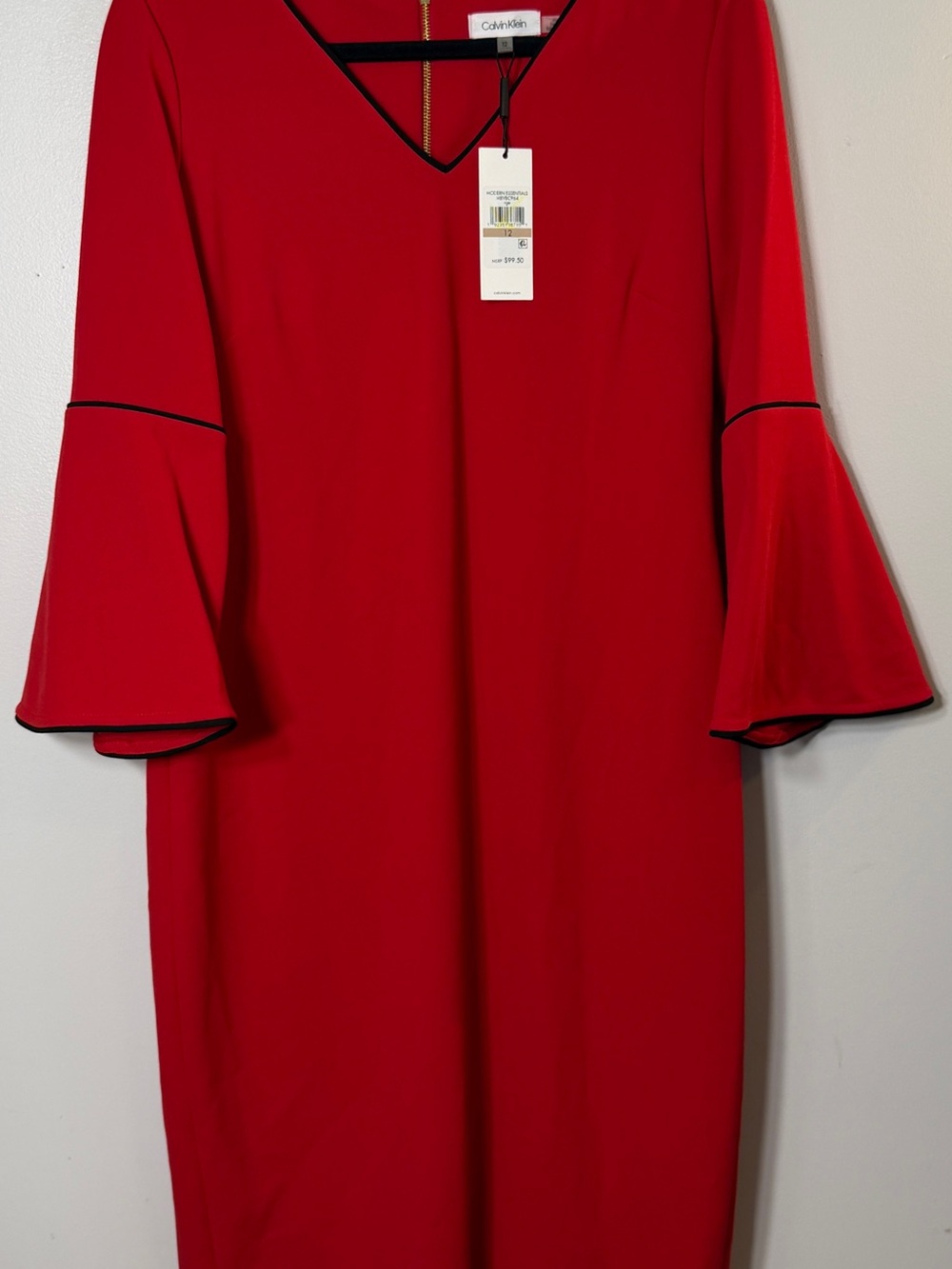 Calvin Klein NEW red bell sleeve sheath dress black trim women’s 12 Vneck career